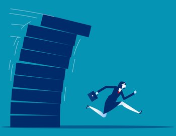 Person running away from falling pile. Business vector illustration concept