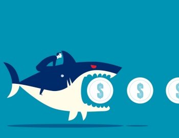 Angry shark biting coin. Business vector illustration concept