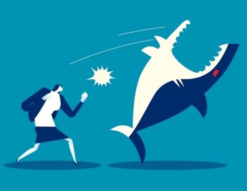 Business person fighting shark and win. Business cartoon concept