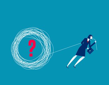 Pulling the tangled ropes with question mark. Business vector illustration concept