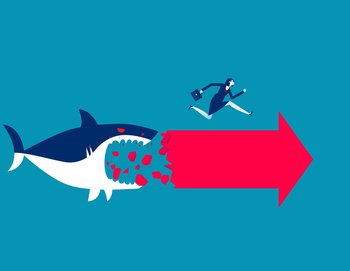 Shark eats red arrow. Business risk concept