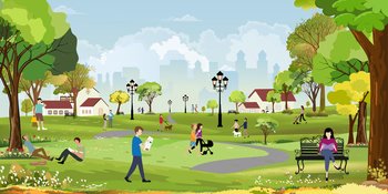 Spring City park scenery landscape, family having fun in the Morning,Vector cartoon lifestyle People relaxing in beautiful nature at urban Park,CityScape with people doing outdoors activity in Summer