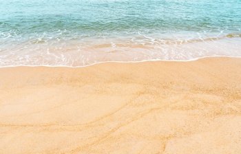 Summer Beach top view,Blue ocean with soft wave form on Sand Texture,Horizontal Seaside view of Brown Beach sand dune in Sunny day Spring,Background for Travel,Vocation,Summer Holiday advertisement