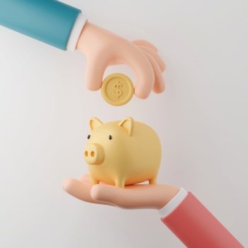 Hand of businessman drop a coin into piggy bank on white background, 3d illustration.