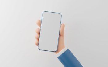 Hand of businessman holding blank screen smartphone on white background, Social media marketing concept, 3d illustration.