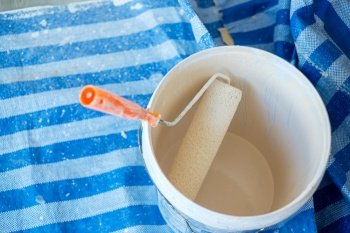 paint roller brush with bucket during painting the wall. Renovation, maintenance and development of home or apartment