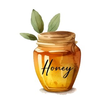 Hand drawn illustration with yellow jar honey watercolor white background. Delicious food. Summer