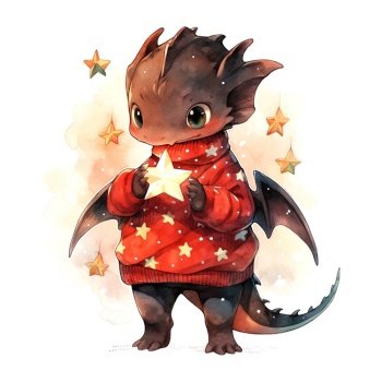 Cute Christmas black dragon with star in watercolor style on white background