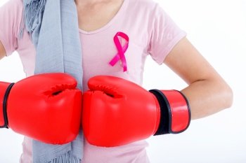 close up of woman fighting showing boxing gloves breast cancer awareness month isolated on white blank copy space studio background,healthcare,medicine concept