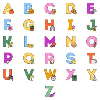Icon Pack Alphabet Letters. Lineal color. Icon Pack Alphabet Letters for kids