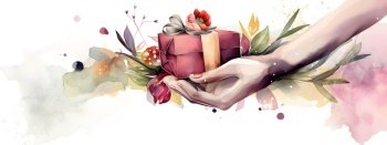 Caucasian woman hands holding gift and flowers bouquet. Happy Mothers day, Women day, Valentines Day greeting card. Watercolor illustration. Romantic relationship love concept AI Generated content