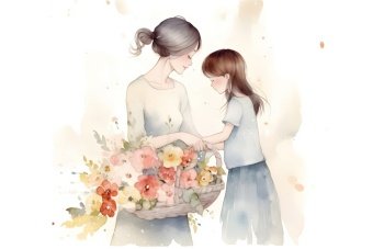 Mothers Day holiday greeting card watercolor style illustration with young mother and her little daughter giving her flowers. AI Generated content
