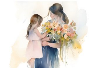 Mothers Day holiday greeting card watercolor style illustration with young mother and her little daughter giving her flowers. AI Generated content