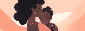 Mothers Day wide long banner illustration with POC people of color mother and her child portrait. AI Generated content