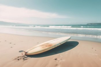 Surfboard on long sandy deserted ocean beach. Retro style natural background with copy space. AI Generated content