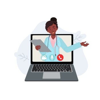 Online doctor consultant concept. female african therapist on chat in laptop. Ask doctor. Online medical advise or consultation service, tele medicine, Vector flat illustration.
