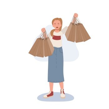 Shopping concept. woman showing her shopping bags. Flat cartoon vector illustration
