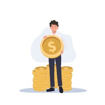 Businessman increased his income. Businessman holding big gold coins. investment advertising. Flat vector cartoon illustration 