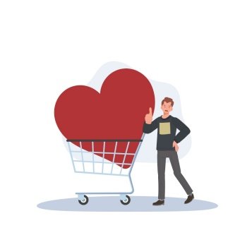 Valentine’s Day, buying love concept. big red heart in a shopping cart and man is thumb up. 