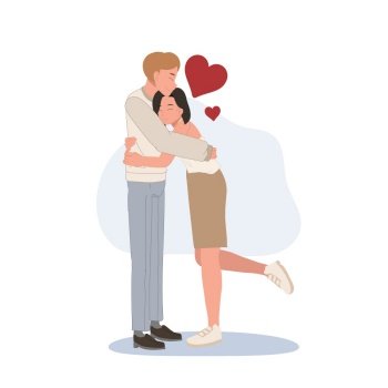 Love and romantic feelings concept. loving smiling couple boy and girl standing hugging each other. Flat vector cartoon illustration