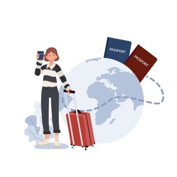 travel concept ,immigration. Document with Visa and Passport. woman with luggage is showing her passport. Flat vector illustration