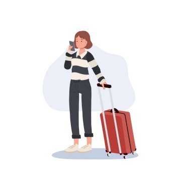 Femlae Tourist with luggage using mobile phone in the airport. Falt vector illustration