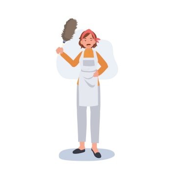 Professional Cleaner. Lady working as housekeeper is holding a dust remover stick. Flat vector illustration