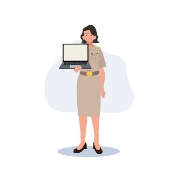 female Thai government officers in uniform. Woman Thai teacher holding,showing laptop. Vector illustration