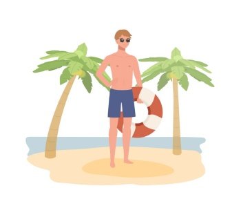 summer beach vacation theme. A man wearing sunglasses in swim suit holding swim ring , life ring on the beach. Flat Vector illustration