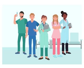 Doctors characters set. Group of hospital medical staff standing together. Male and female medicine workers. Flat vector illustration