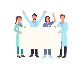 A group of medical staff, doctors holding a blank white paper together. Flat vector illustration