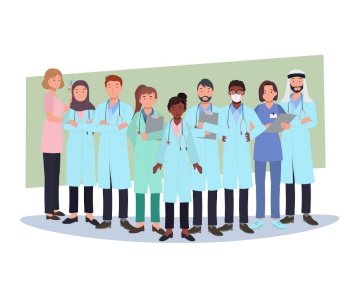 diverse Doctors characters set. Group of hospital medical staff standing together. Male and female medicine workers. Flat vector illustration