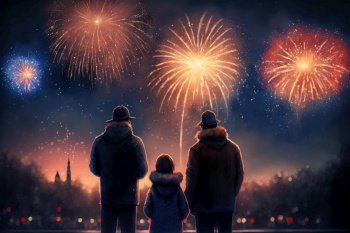 Family watching fireworks and celebrating happy new year. Peculiar AI generative image.. Family watching fireworks and celebrating happy new year