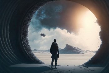 Spaceman travel through the space with mysterious sci-fi fantasy portal or start gate in wondrous alien landscape from other planet. Inspiring beauty of space exploration concept by Generative AI.. Wondrous image of spaceman travel through stargate with scifi landscape.