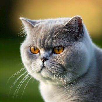 Ravishing hyper realistic portrait of happy british shorthair cat in natural outdoor lush with flower in background as concept of modern domestic pet by Generative AI.. Realistic british shorthair cat on ravishing natural outdoor background