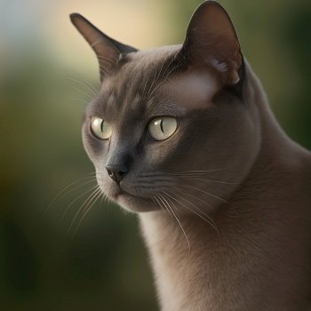 Ravishing hyper realistic portrait of happy burmese cat in natural outdoor lush with flower in background as concept of modern domestic pet by Generative AI.. Realistic burmese cat on ravishing natural outdoor background