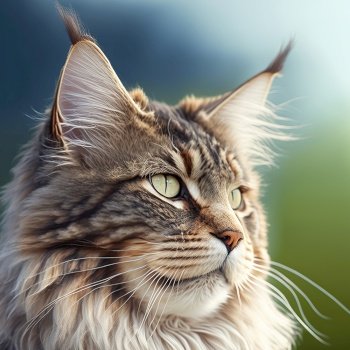 Ravishing hyper realistic portrait of happy maine coon cat in natural outdoor lush with flower in background as concept of modern domestic pet by Generative AI.. Realistic maine coon cat on ravishing natural outdoor background