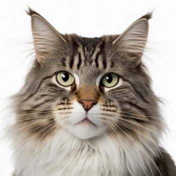 Adorable norwegian forest cat portrait looking at camera on white isolated background as concept of domestic pet in ravishing hyper realistic detail by Generative AI.. Ravishing adorable norwegian forest cat portrait on white isolated background.