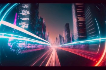 Smart digital city with high speed light trail of cars of digital data transfer . Sublime Generative AI image .. Smart digital city with high speed light trail of cars of digital data transfer
