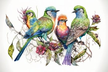 Wondrous watercolor painting illustration of colorful birds perched on tree branch with foliage and flowers on isolated background. Nature and wildlife in hand painting style by Generative AI.. Wondrous watercolor painting of colorful birds perched on tree branch.