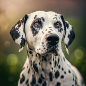 Ravishing hyper realistic digital portrait of happy dalmatian dog in natural outdoor lush with flower during springtime background as concept of modern domestic pet by Generative AI.. Ravishing hyper realistic digital portrait of happy dalmatian dog in nature.