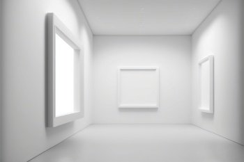 Minimalistic interior design with plain white room of museum or gallery, empty space mockup in the hall with corridor for art shows or decorations. Superb Generative AI.. Minimalistic interior design with plain white room of museum