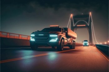Cyber neon driving green power truck with hybrid technology automotive. Concept of light glowing pick up on dark city view in night life. Finest generative AI.. Cyber neon driving green power truck with hybrid technology automotive.