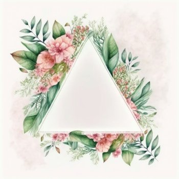 Triangle or diamond shape frame of pink flower and green leaves with watercolor painting isolated on white background. Theme of vintage minimal art design in geometric. Finest generative AI.. Triangle frame of pink flower and green leaves with leave watercolor painting.
