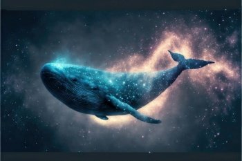 Swimming whale among fantasy abstract art in outer space among particles starry. Concept of glowing nebula with aquatic spouting star dust. Finest generative AI.. Swimming whale among fantasy abstract art in outer space among particles starry.