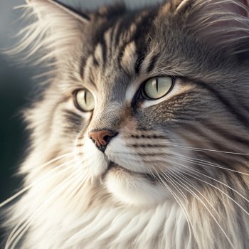 Ravishing hyper realistic portrait of happy norwegian forest cat in natural outdoor lush with flower in background as concept of modern domestic pet by Generative AI.. Realistic norwegian forest cat on ravishing natural outdoor background