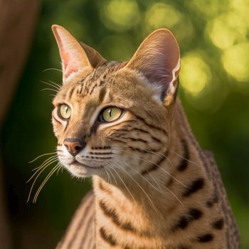 Ravishing hyper realistic portrait of happy savannah cat in natural outdoor lush with flower in background as concept of modern domestic pet by Generative AI.. Realistic savannah cat on ravishing natural outdoor background