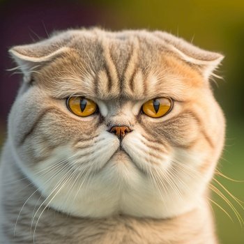 Ravishing hyper realistic portrait of happy scottish fold cat in natural outdoor lush with flower in background as concept of modern domestic pet by Generative AI.. Realistic scottish fold cat on ravishing natural outdoor background