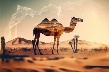 Camel abstract artwork in double exposure of sahara desert, animal art with sand landscape as dromedary with nature background concept. Superb Generative AI.. Camel abstract artwork in double exposure of sahara desert