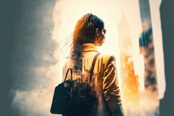 Ambitious businesswoman in black suit-clad profile with background residential city highrise buildings in double exposure, Successful businesspeople with strategic plans. Superb Generative AI.. Businesswoman double exposure with city background